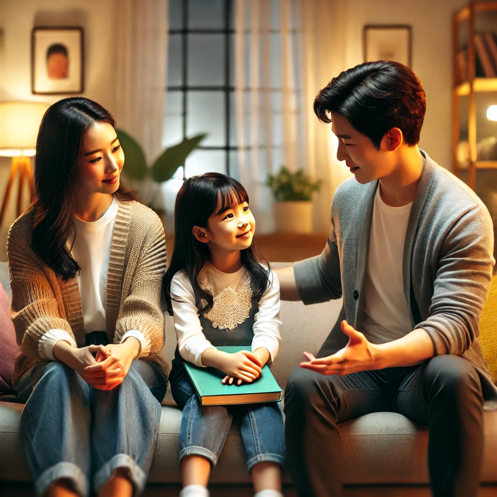 거실 소파에서 딸의 학교 이야기를 경청하며 소통 기술을 배우는 모습, 미소를 지으며 딸의 이야기를 듣는 어머니와 격려하는 제스처를 하는 아버지, 따뜻한 조명과 가족사진으로 꾸며진 아늑한 공간, 열린 대화와 신뢰를 강조하는 장면.