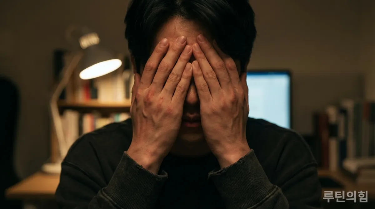 얼굴을 감싸고 있는 한국인의 지친 손, 번아웃의 고통을 나타냄