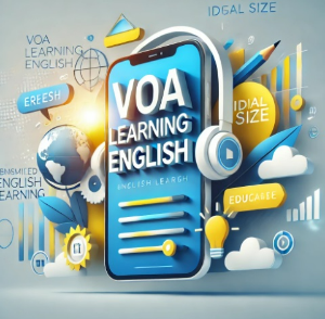 VOA Learning English를 핸드폰을 통해 공부하는 사진