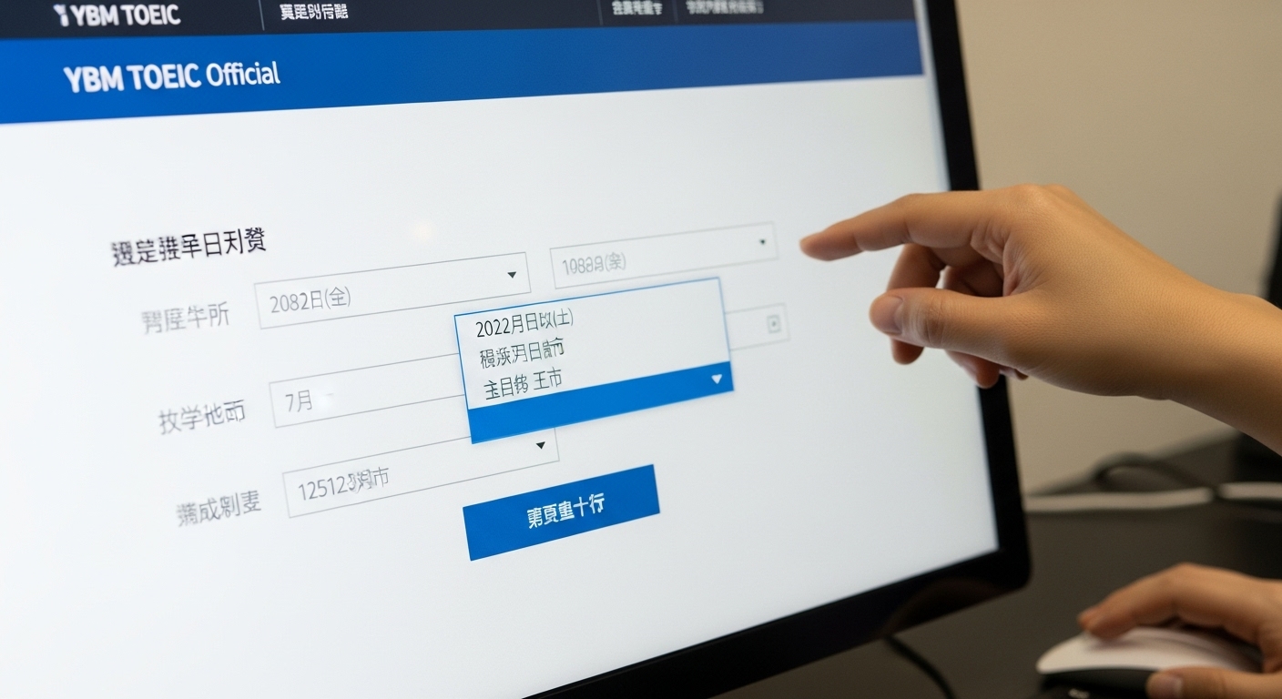 PC 화면에서 YBM 토익 접수 웹페이지를 보여주며, 시험 일정과 고사장을 선택하는 과정을 나타내는 이미지.