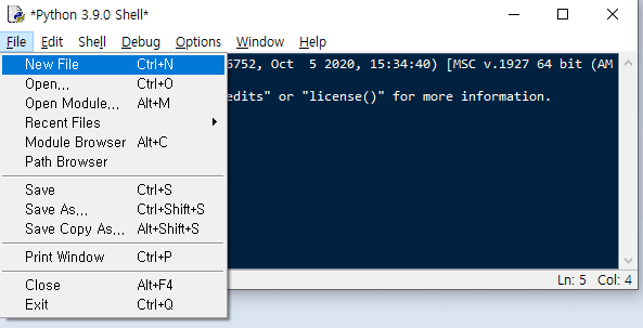 IDLE에서 파일을 저장하기 위해 메뉴의 새파일을 여는 모습