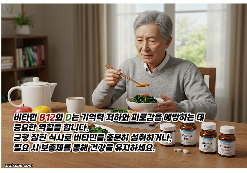 비타민 B12와 D는 기억력 저하와 피로감을 예방하는 데 중요한 역할을 합니다. 균형 잡힌 식사로 비타민을 충분히 섭취하거나, 필요 시 보충제를 통해 건강을 유지하세요.
