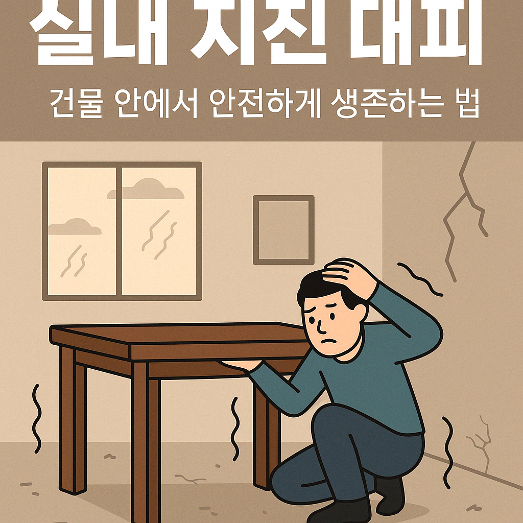 실내에서 지진 대피 하는 사람