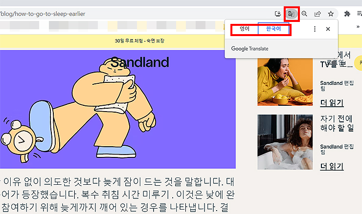 크롬에서-번역-아이콘-선택-한-화면