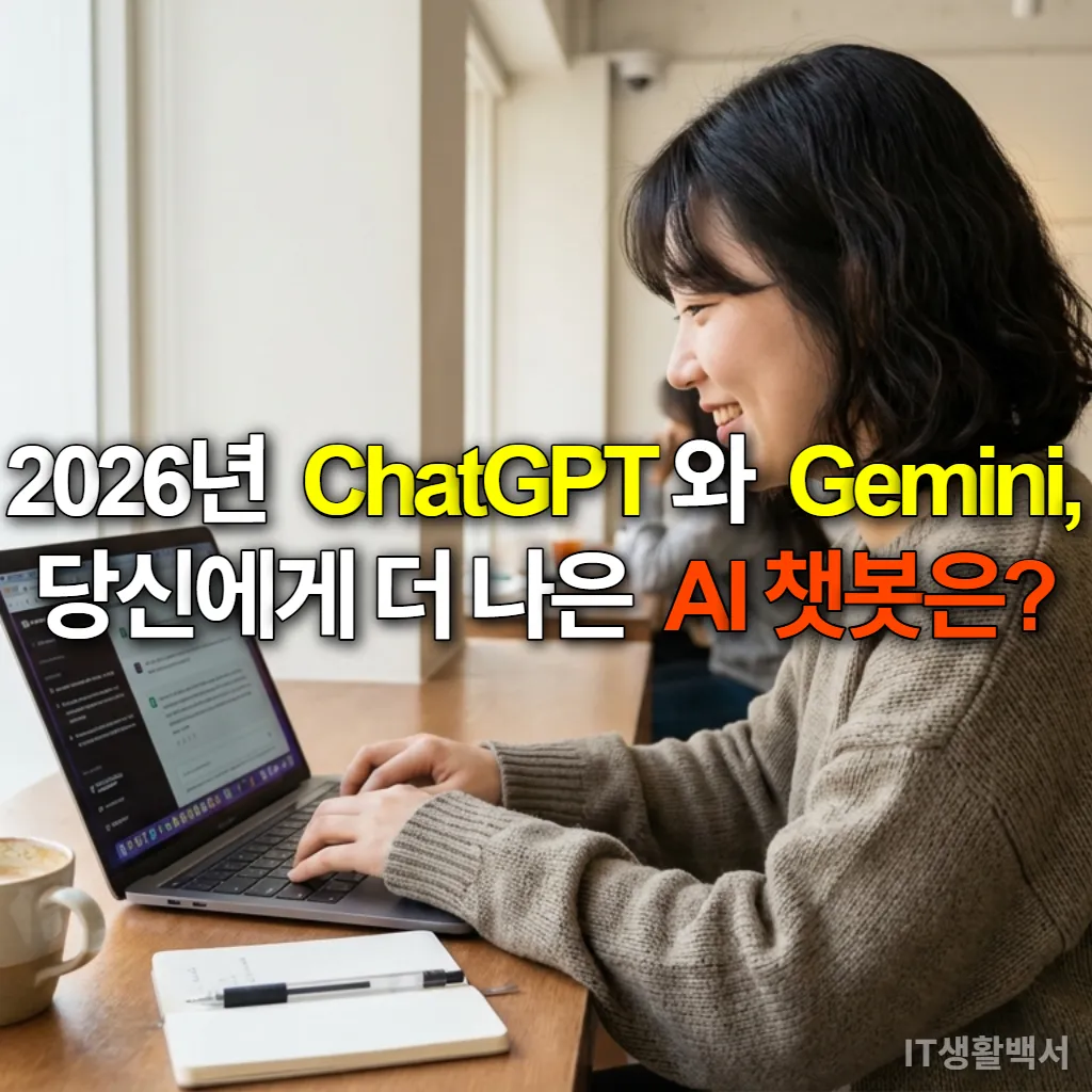 카페에서 노트북으로 ChatGPT와 Gemini를 비교하며 미소 짓는 한국 여성