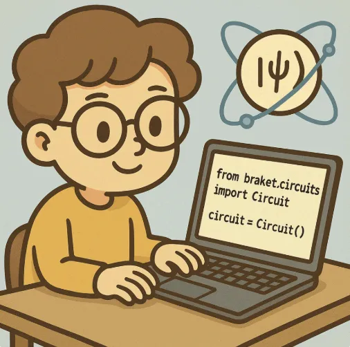 노트북 앞에서 양자 회로 코드(from braket.circuits import Circuit)를 입력하는 개발자 캐릭터의 일러스트 이미지. 이 이미지는 아이온큐의 QaaS 전략에서 양자 컴퓨터가 API로 호출되는 구조를 시각적으로 표현하며, 블로그의 &lsquo;클라우드 기반 양자 연산과 개발자 접근성&rsquo; 주제를 설명함 (ionq, quantum api, qaas, developer, braket)