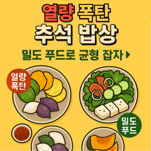 추석 명절 상차림 위에 나물, 전, 고기, 송편 등 고칼로리 음식과 함께 균형 잡힌 밀도 푸드를 함께 배치한 건강 식단 이미지