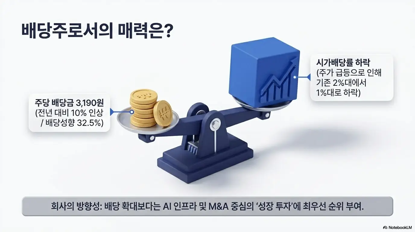 삼성SDS 주가전망: 삼성SDS 주당 배당금 3&amp;#44;190원과 배당성향 32.5%&amp;#44; 주가 급등으로 시가배당률이 2%대에서 1%대로 낮아진 점을 저울로 대비하고 회사가 성장 투자를 우선한다는 방향성을 표현한 이미지. 배당주 관점의 매력을 시각적으로 전달하며&amp;#44; 블로그의 삼성SDS 주가 전망 주제를 설명함