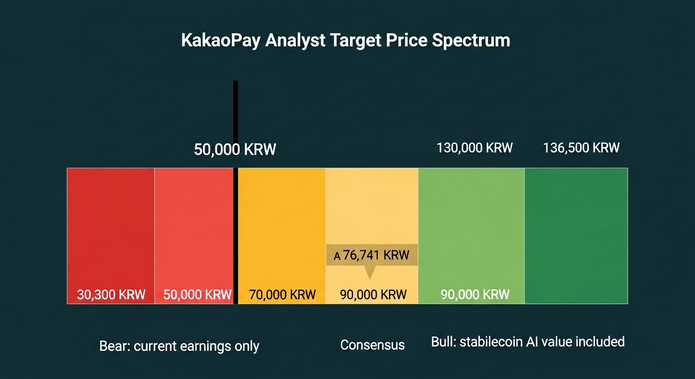 KakaoPay analyst target price spectrum horizontal bar. Current price 50000 KRW black line. Red zone left 30300~50000 conservative. Amber zone 70000~90000 neutral average 76741. Green zone right 130000~136500 stablecoin scenario. Labels Bear current earnings only center Consensus and Bull stablecoin AI value included. Dark teal background English only.