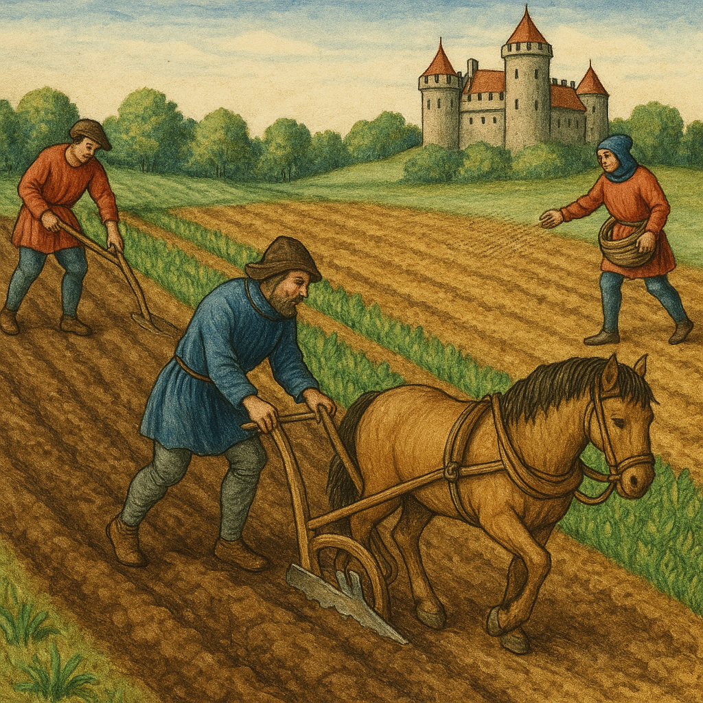 말을 이용해 밭을 가는 중세 서유럽 농민의 모습