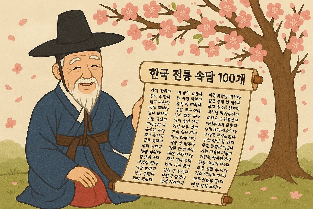 한국 전통 속담 100개 모음을 나타내는 일러스트 - 한복을 입은 노인이 벚꽃나무 아래서 속담이 적힌 두루마리를 들고 있는 모습