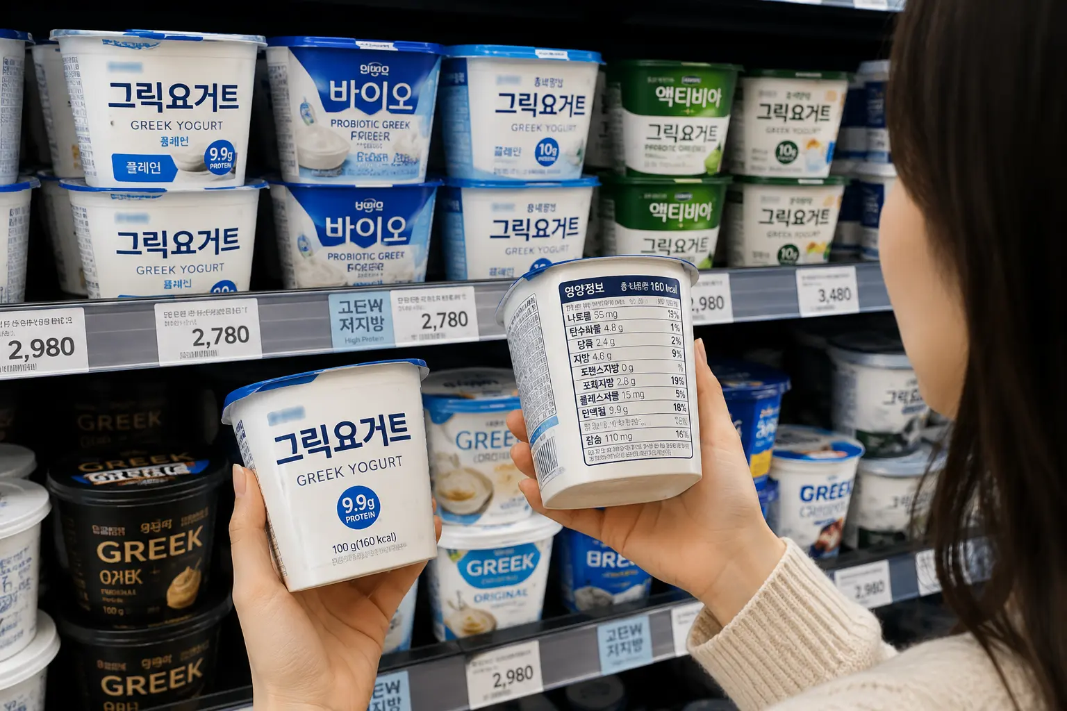 그릭요거트 제품 성분표를 확인하는 모습