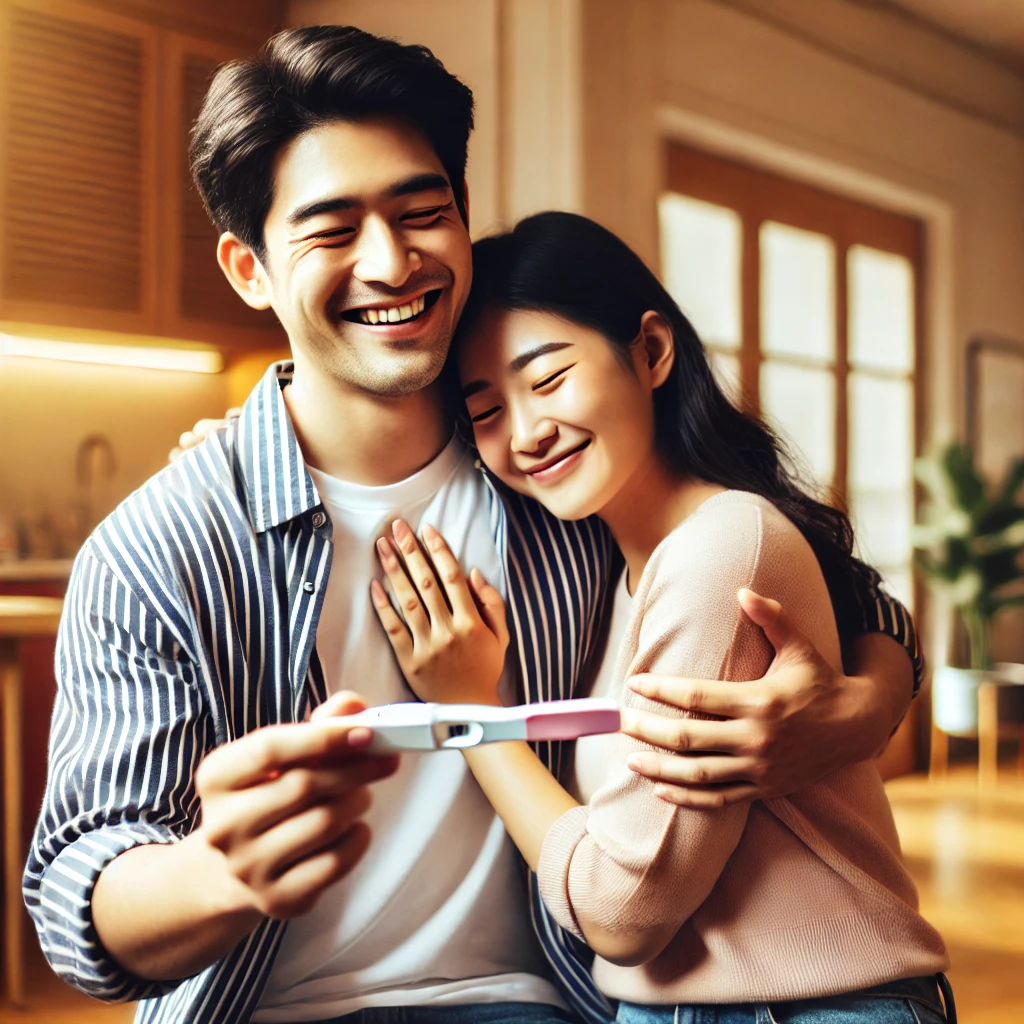 임신 테스트기를 함께 확인하며 기뻐하는 한국인 부부의 모습