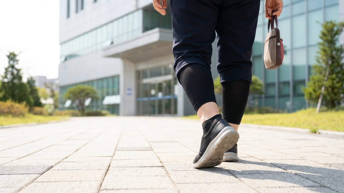여성이 다리에 압박스타킹을 신고 편안해하는 모습