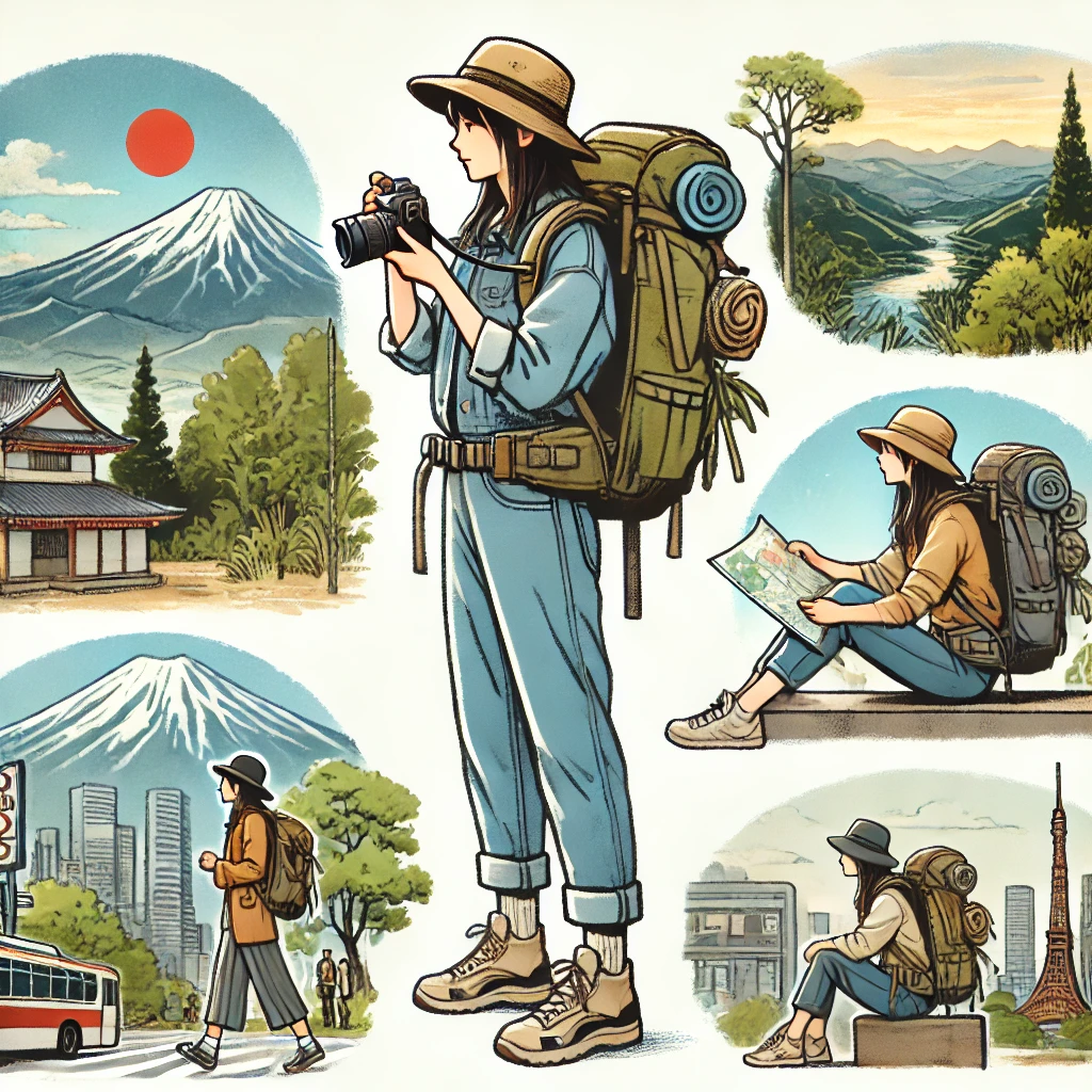 일본여행 여성 백패커 일러스트 이미지