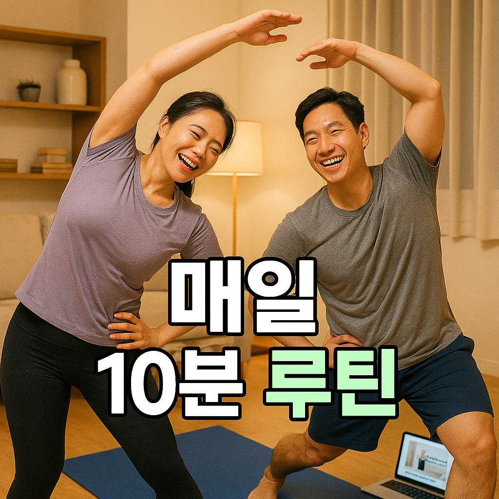 거실에서 함께 스트레칭하는 직장인 부부