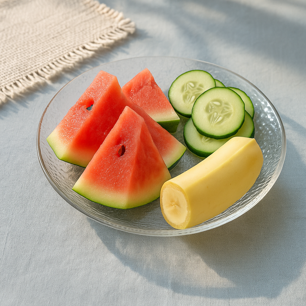 투명한 유리 접시에 담긴 수박 조각, 오이 슬라이스, 바나나 반 개가 여름 햇살 아래 테이블 위에 놓인 장면. 천연 전해질 식품을 상징하는 이미지