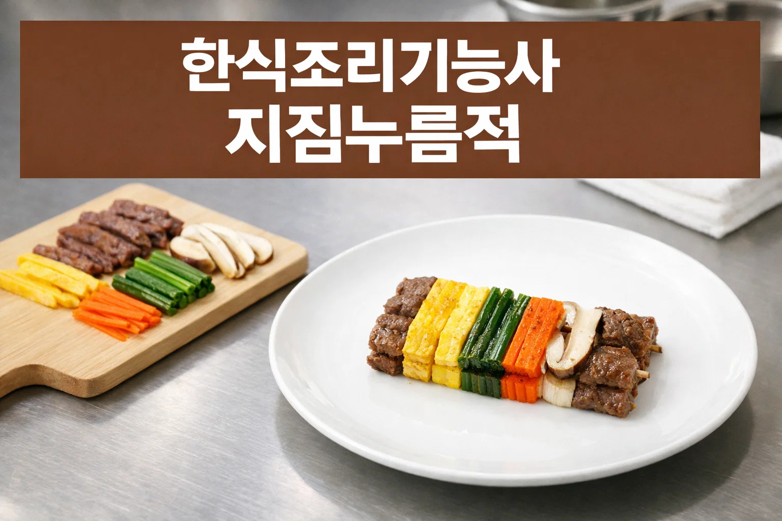 한식조리기능사 실기시험에서 지짐누름적 조리 과정과 완성 형태를 설명한 시험 메뉴 예시 이미지