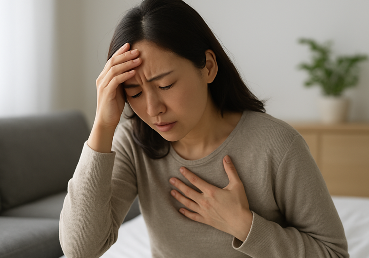 머리를 잡고있는 여자