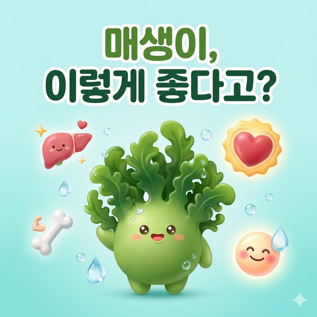 매생이의 다양한 효능을 귀엽게 표현한 3D 카툰 일러스트. 간, 심장, 뼈, 피부 아이콘과 함께 활짝 웃는 매생이 캐릭터가 건강한 이미지를 전달합니다.
