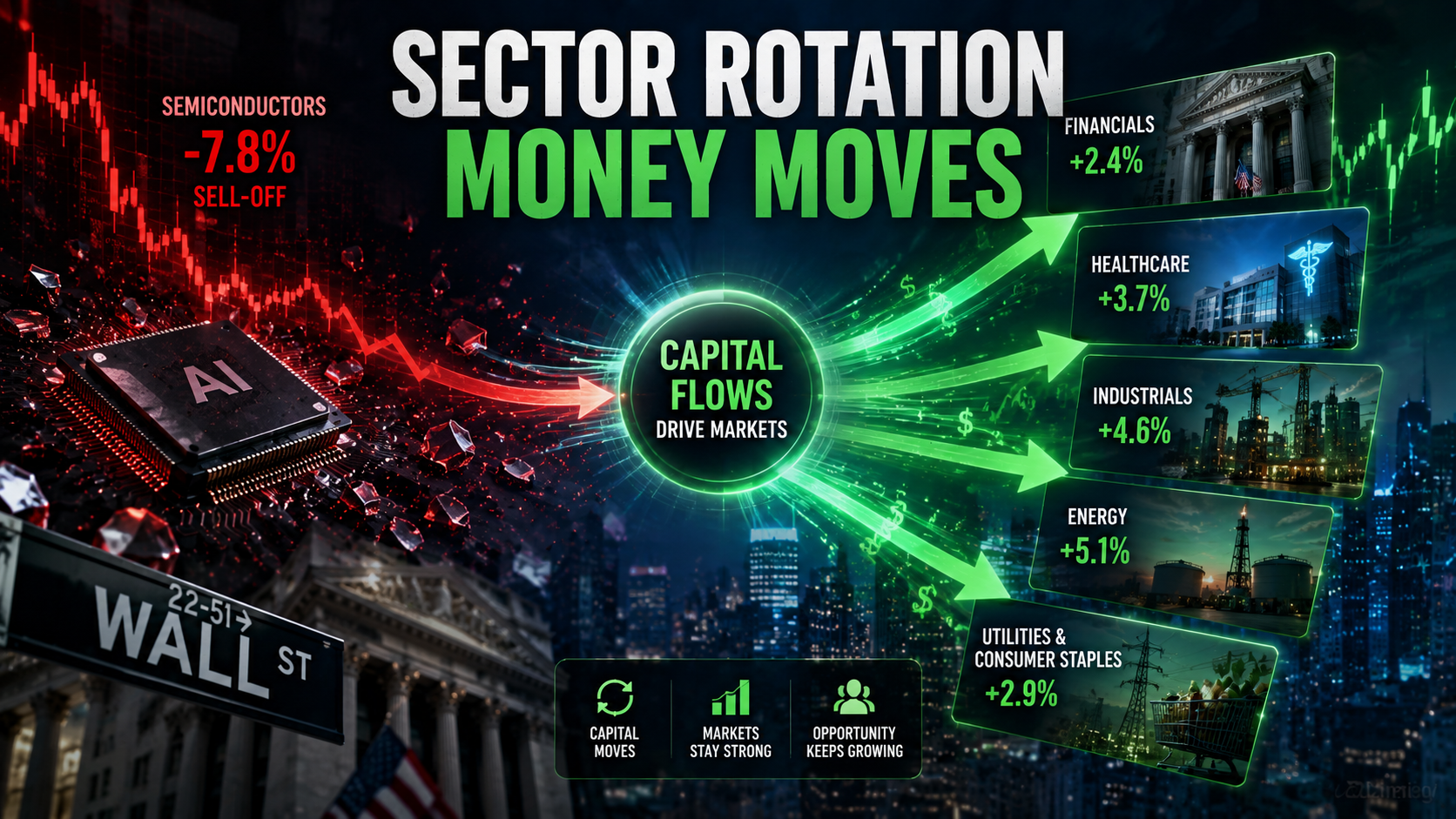 Financial illustration of sector rotation showing capital flowing from semiconductor stocks into financials, healthcare, industrials, energy, and utility sectors.