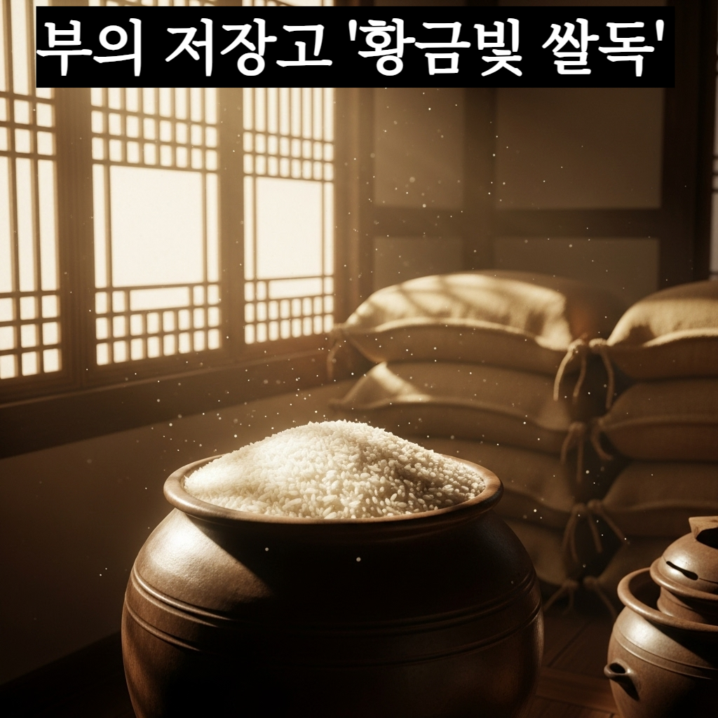 전통 한옥 안방에 커다란 항아리 가득 하얀 쌀이 넘치고 있는 풍요롭고 따뜻한 분위기의 일러스트