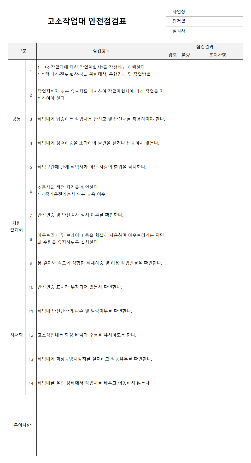 고소작업대 안전점검표