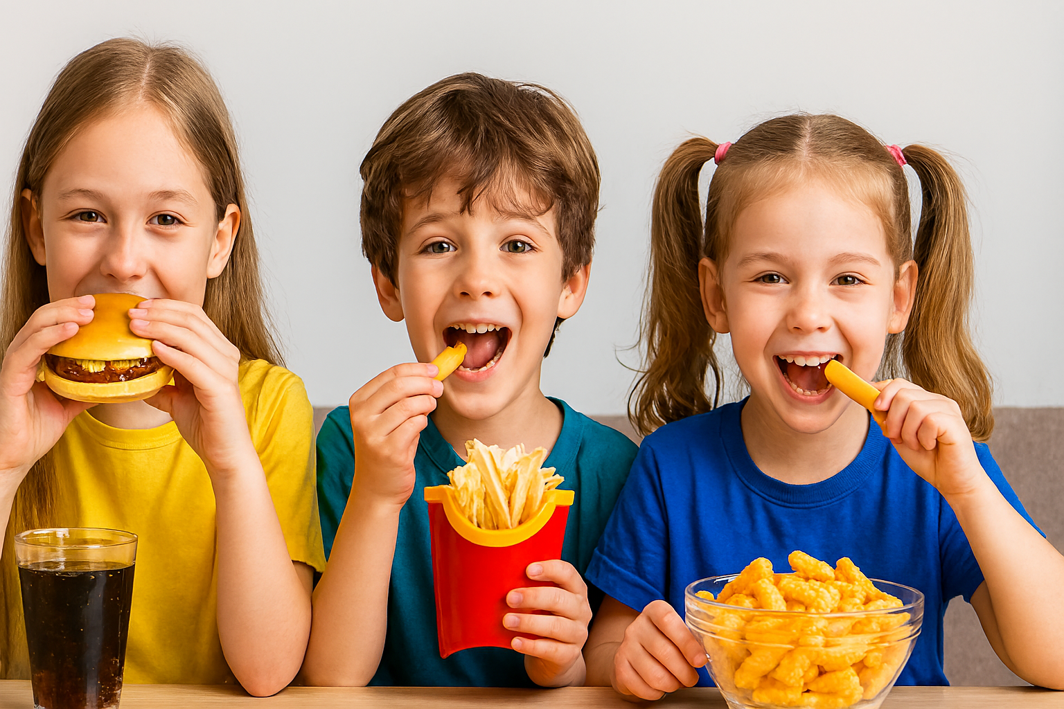 가공식품과 패스트푸드를 먹고 있는 아이들의 모습