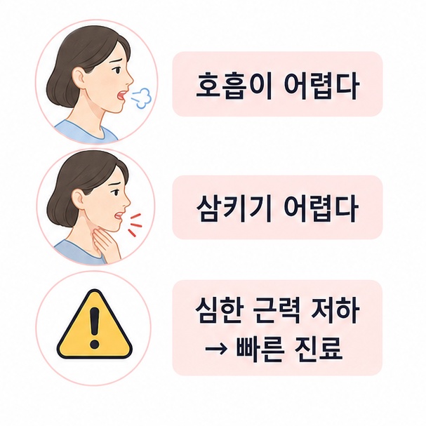 호흡 곤란, 삼킴 곤란, 심한 근력 저하 시 빠른 진료가 필요함을 안내한 이미지