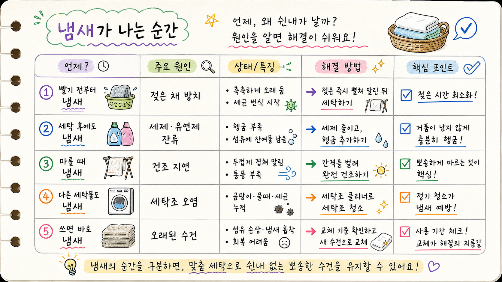 수건 쉰내가 나는 순간별 원인과 해볼 일을 정리한 가로형 카드
