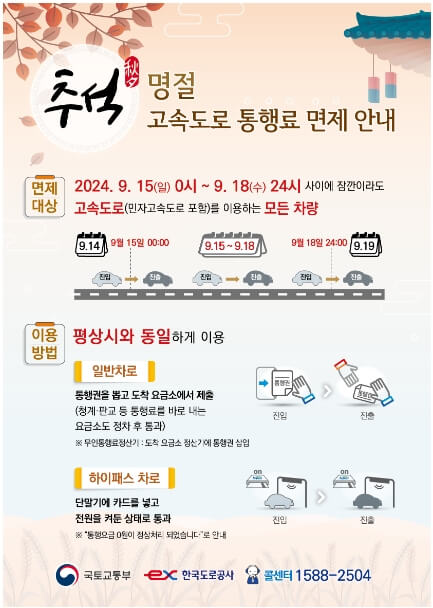 한국도로공사 추석명절 고속도로 통행료 무료 안내문