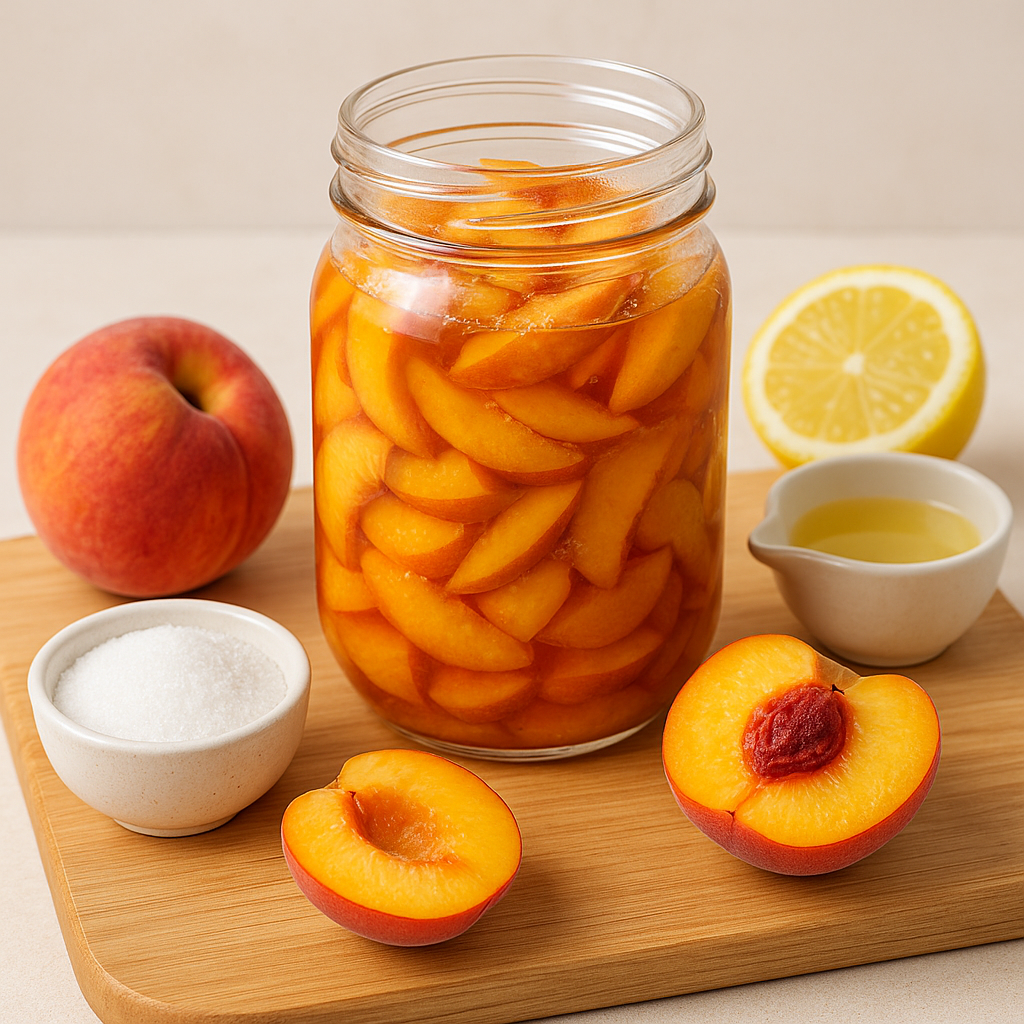 유리병에 담긴 복숭아청과 신선한 복숭아 재료들