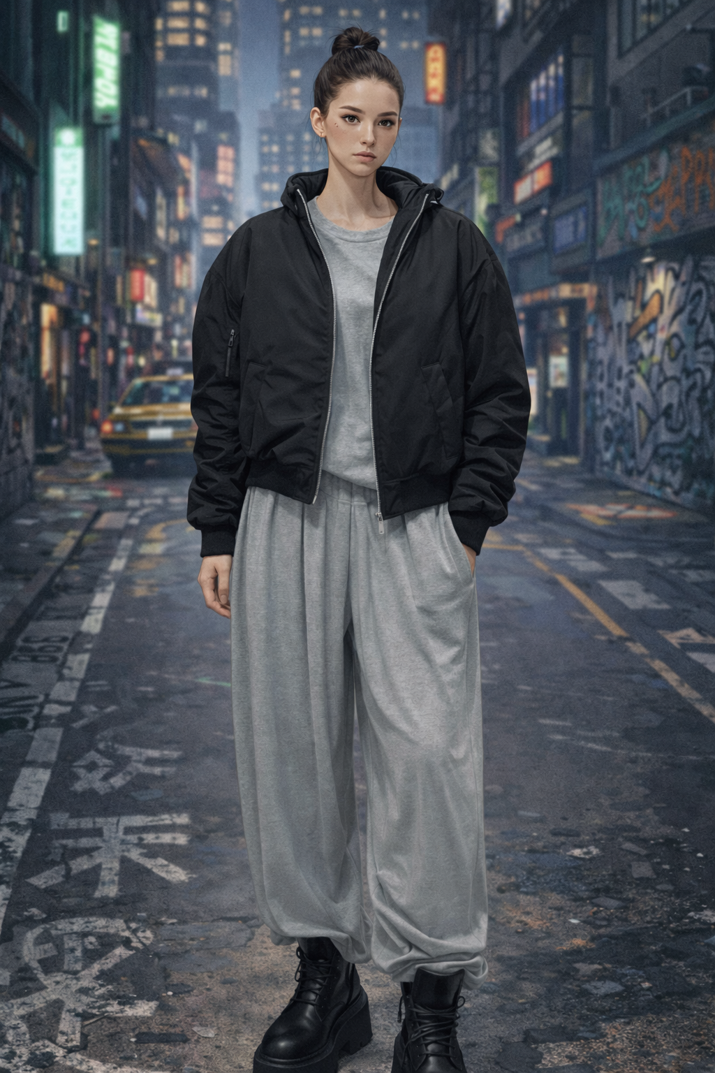 Aviation jacket layered over training set casual K-fashion daily outfit