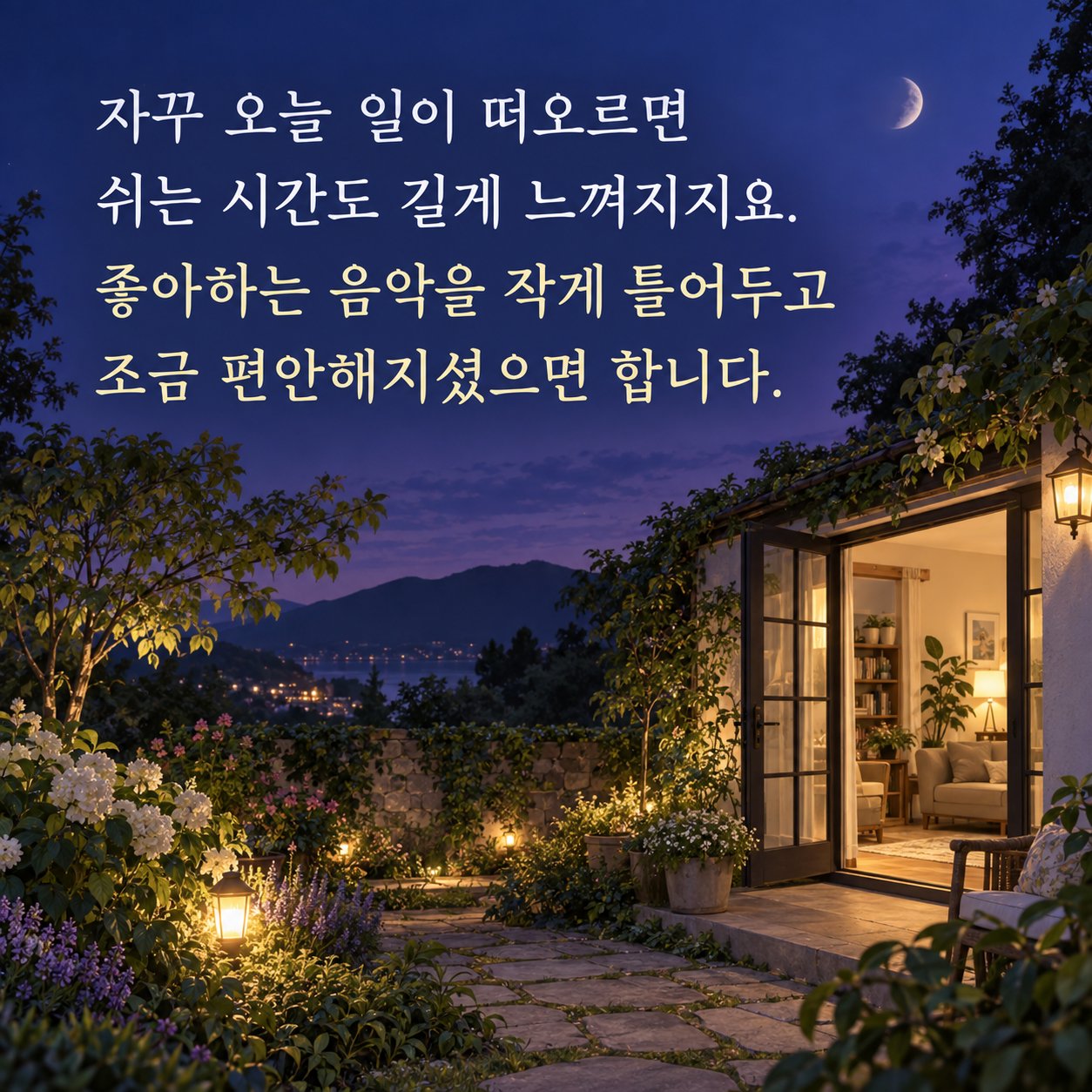 지친 마음을 위로하는 저녁 인사 이미지 25 — 자꾸 오늘 일이 떠오르면 쉬는 시간도 길게 느껴지지요. 좋아하는 음악을 작게 틀어두고 조금 편안해지셨으면 합니다.