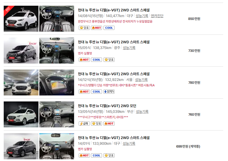 현대 투싼 중고차 가격 시세표 24년10월