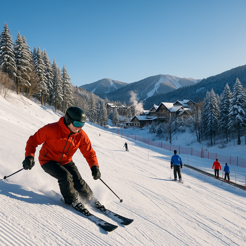 눈 덮인 슬로프 위에서 붉은 자켓을 입은 스키어가 카빙을 즐기고, 뒤로는 매직 카펫 리프트와 산장들이 어우러진 겨울 리조트 전경이 펼쳐진 모습