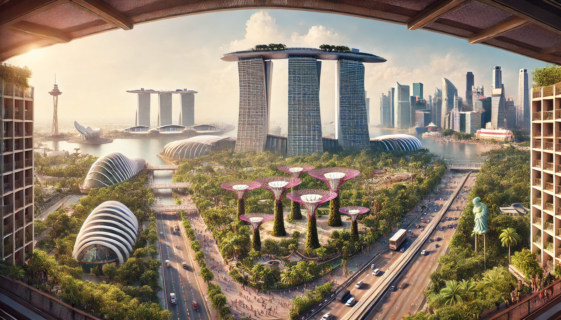 마리나 베이 샌즈, 가든스 바이 더 베이, 멀라이언 파크가 어우러진 싱가포르 전경 이미지