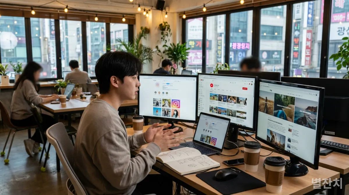 서울 강남의 코워킹 스페이스에서 개인 브랜딩에 몰두하는 한국 청년 사업가