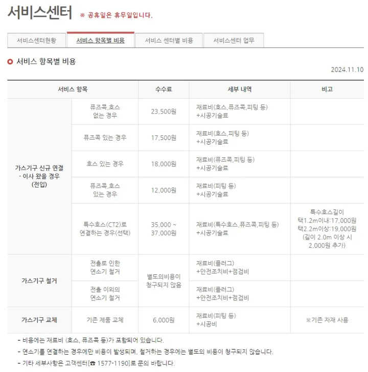 경산 도시가스 고객센터- 서비스 비용