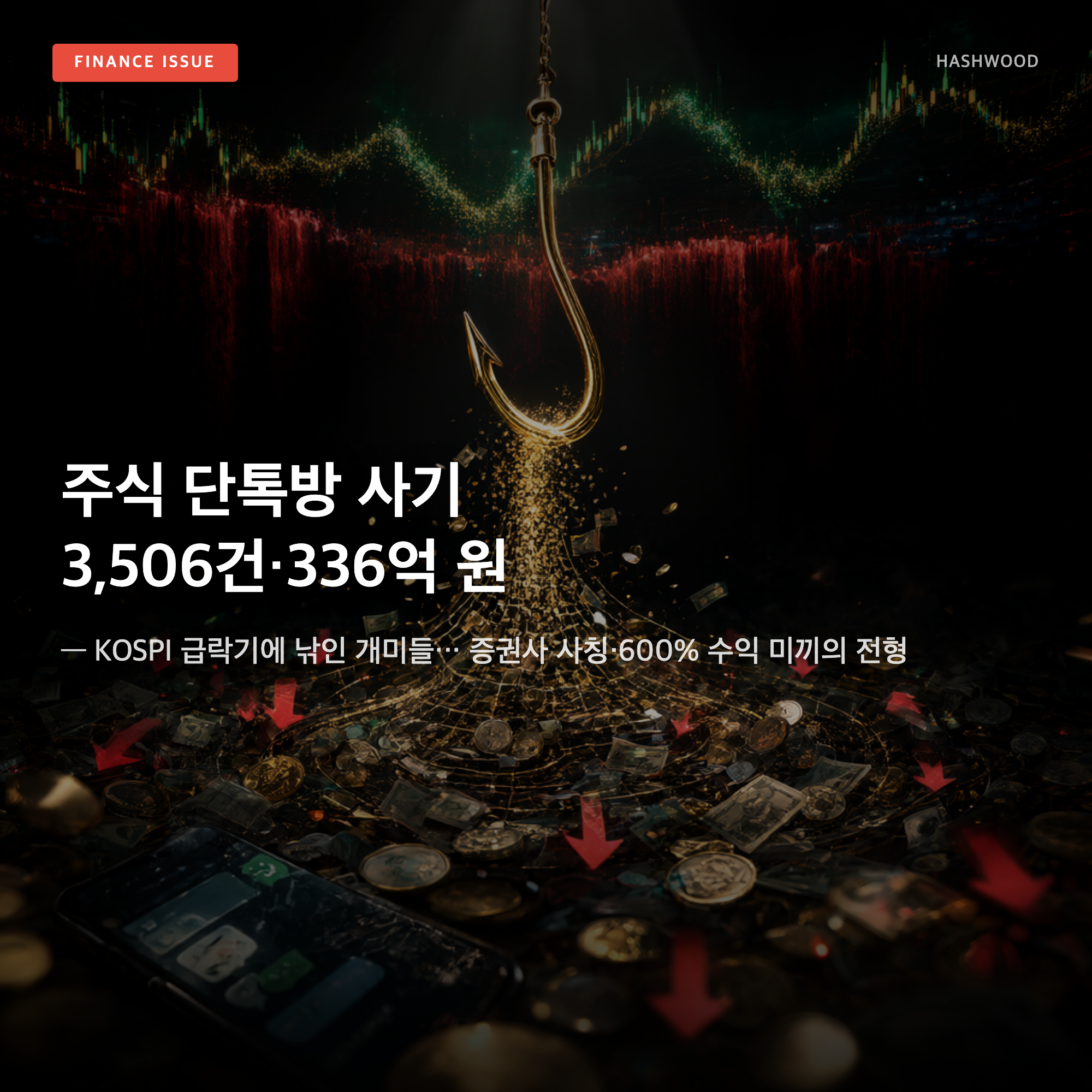 그림: 주식 단톡방 사기 3,506건·336억 원 — — KOSPI 급락기에 낚인 개미들… 증권사 사칭·600% 수익 미끼의 전형