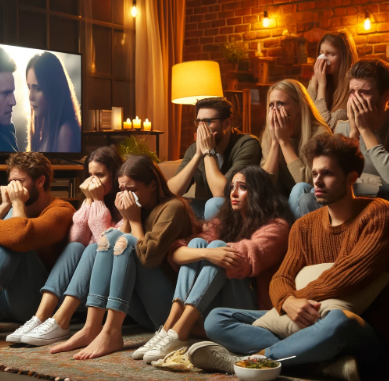 사람들이 TV보면서 울고 있는 사진