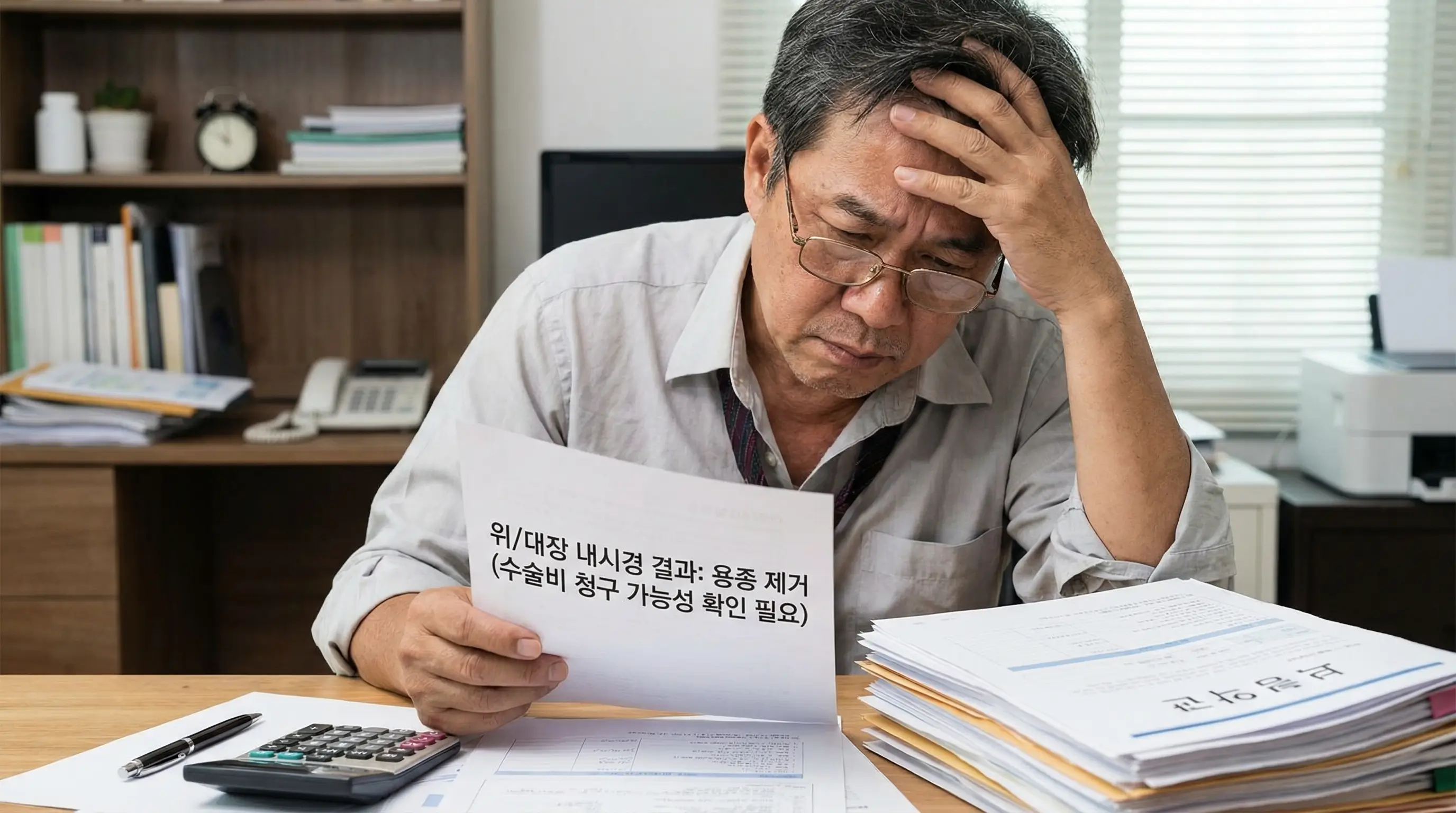 건강검진 결과지를 들고 용종 제거 수술비 보험금 지급 가능 여부를 고민하는 중년 남성의 모습