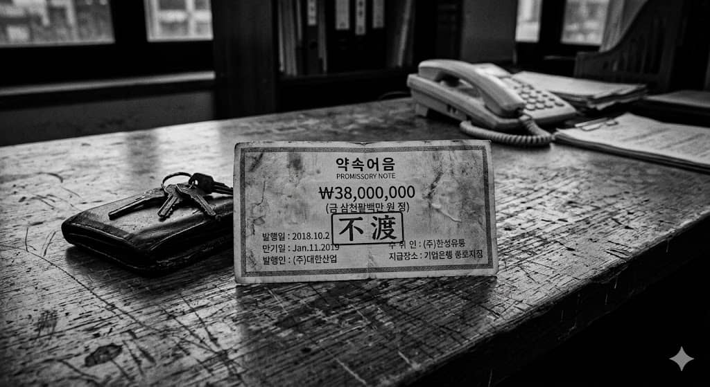 파일명: korea_promissory_note_dishonored_2018_38million_won_trust.jpg
Alt 태그: 한국 약속어음 부도 不渡 도장 3800만원 중소기업 신뢰 붕괴 흑백 감성 이미지