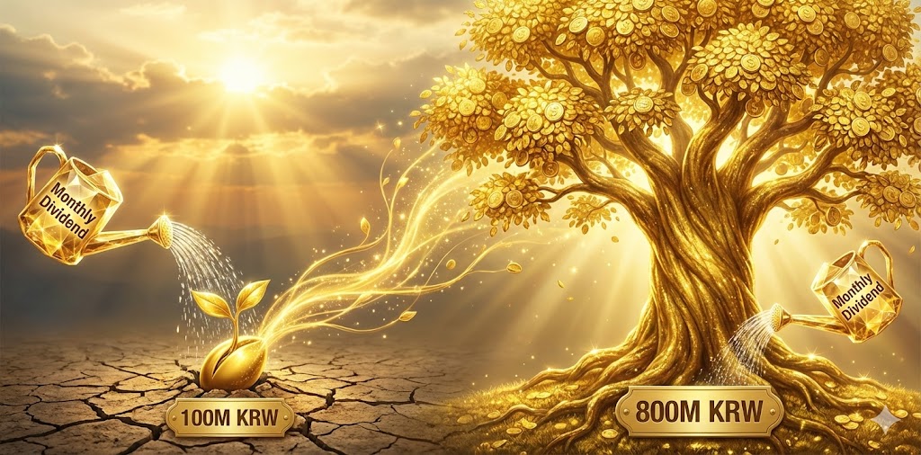 1억 원이라는 작은 씨앗이 '월배당'이라는 물을 받아 8억 원짜리 거대한 황금 나무로 자라나는 모습