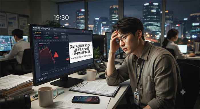 퇴근길 ETF 거래 제한 뉴스를 보며 고민하는 직장인.