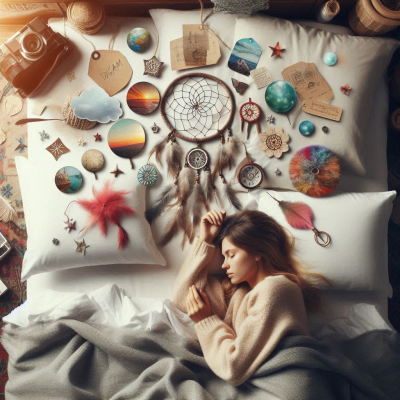 꿈을 꾸는 사람이 경험하는 여러 상징적인 이미지를 담고 있는 장면. 벽에 장식된 꿈과 관련된 요소들이 보입니다.