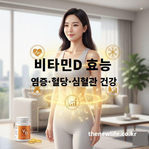비타민D 효능 – 염증 완화, 혈당 조절, 심혈관 건강을 돕는 비타민D의 대사 작용을 표현한 이미지