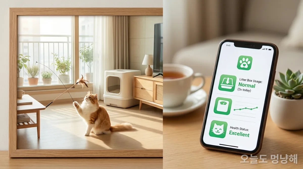 고양이 건강 모니터링 앱과 건강하게 놀고 있는 고양이