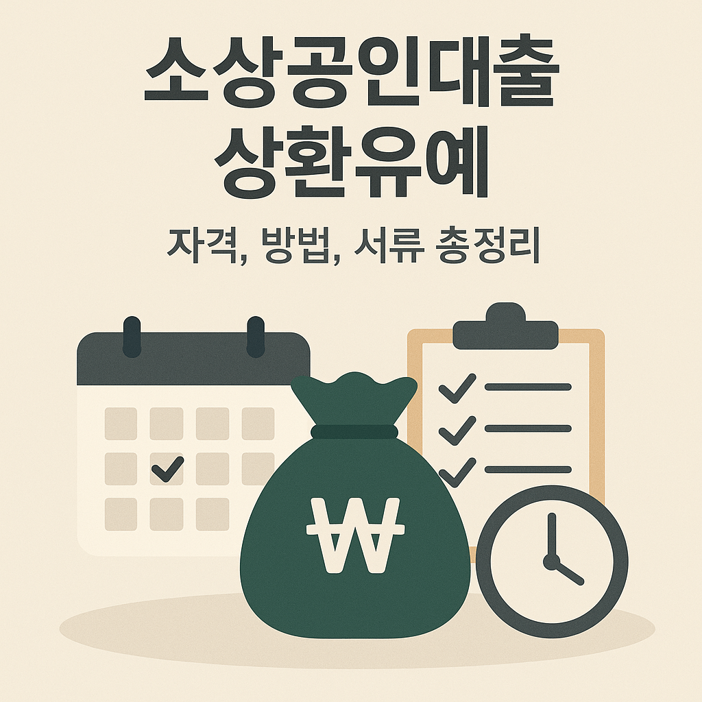 돈보따리, 서류, 시계, 달력을 표현하면서 소상공인 정책자금 상환유예, 자격, 서류 총정리