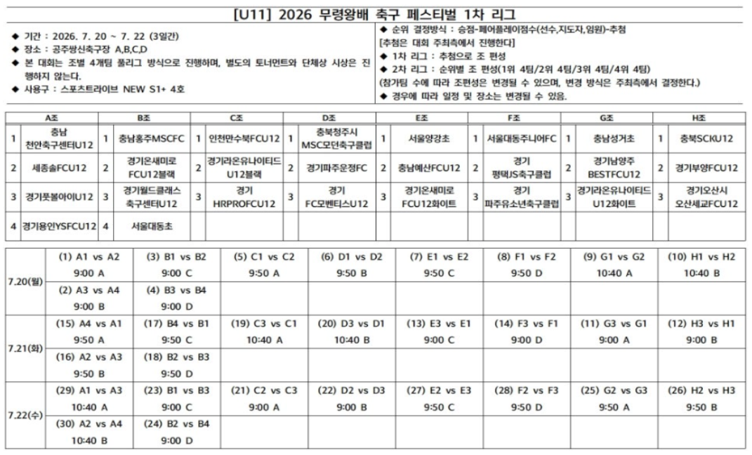 2026 무령왕배 축구 페스티벌 조편성 및 경기 일정(7월 20일 ~ 22일)
